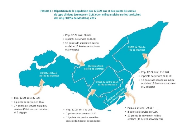 Carte Montréal Population 12-24 ans - points de service clinique jeunesse